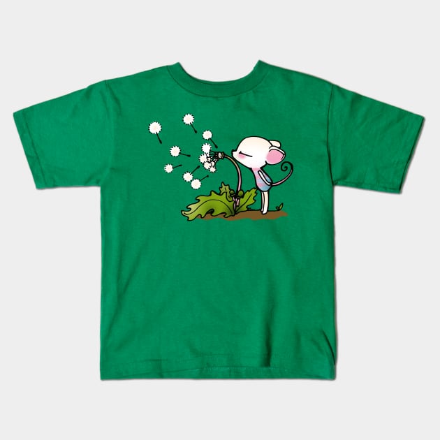 White Mouse and Dandelion Kids T-Shirt by LyddieDoodles